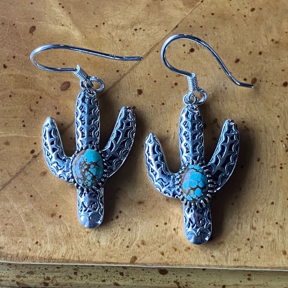 Natural Blue Moon Turquoise Sterling Silver Cactus Earrings
